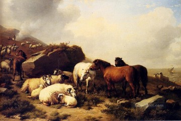 Caballos y ovejas en la costa Eugene Verboeckhoven animal Pinturas al óleo